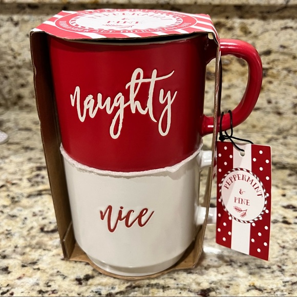 Peppermint & Pine • Naughty Nice Stackable Stonewear Mug Set • Red White • 18oz - Picture 2 of 9